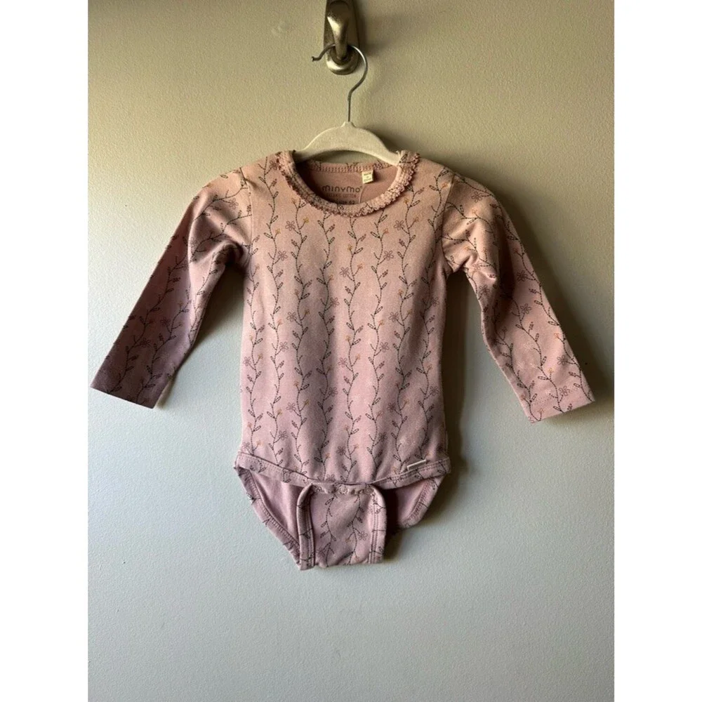 Minymo Organic Cotton Mauve Pink Floral Long-Sleeve Baby One-Piece Sz 3M Pilgrim
